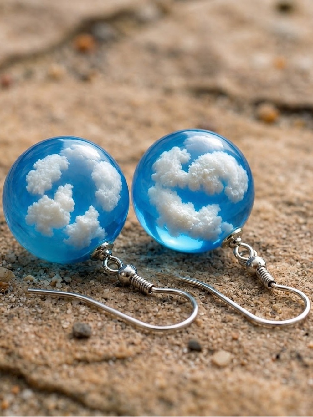 Soaring Above Cloudy Skies Sky Blue Marble Orb Sphere Ball Glass Dangle Earrings